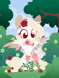 Size: 4000x5259 | Tagged: safe, artist:belka-sempai, oc, oc only, species:pegasus, species:pony, bush, cloud, cute, female, flower, flower in hair, grass, lineless, mare, mouth hold, sky, smiling, solo, spread wings, tree, water, watering can, wings