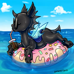 Size: 3900x3900 | Tagged: safe, artist:thatweirdpigeonlady, oc, oc only, oc:blank slate, species:changeling, cloud, drink, floaty, inflatable, inflatable toy, inner tube, pool toy, solo, sunglasses, water, ych result