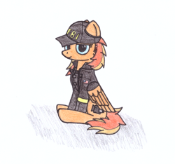 Size: 1280x1198 | Tagged: safe, artist:zocidem, oc, species:pegasus, species:pony, clothing, cute, fbi, female, filly, hat, lidded eyes, looking at you, police, ponified, simple background, sitting, smiling, smirk, solo, traditional art, white background