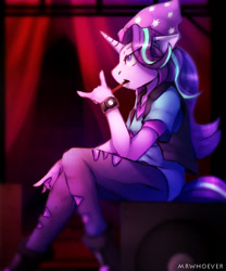 Size: 500x600 | Tagged: safe, artist:lostdreamm, character:starlight glimmer, species:anthro, species:plantigrade anthro, species:pony, species:unicorn, equestria girls:mirror magic, g4, my little pony: equestria girls, my little pony:equestria girls, spoiler:eqg specials, beanie, breasts, cleavage, clothing, equestria girls outfit, female, food, hat, pocky, ripped pants, shirt, sitting, solo, vest