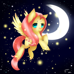 Size: 894x894 | Tagged: safe, artist:vardastouch, character:fluttershy, species:pegasus, species:pony, crescent moon, female, flying, looking at you, mare, moon, night, signature, solo, spread wings, three quarter view, transparent moon, wings