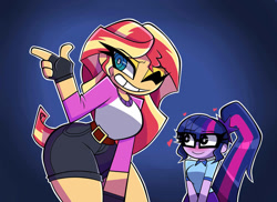 Size: 1280x930 | Tagged: safe, artist:nelljoestar, character:sunset shimmer, character:twilight sparkle, character:twilight sparkle (scitwi), species:eqg human, ship:scitwishimmer, ship:sunsetsparkle, equestria girls:legend of everfree, g4, my little pony: equestria girls, my little pony:equestria girls, blushing, bunset shimmer, camp everfree outfits, cute, female, grin, heart, lesbian, one eye closed, shipping, smiling, twiabetes, wide hips, wink