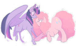 Size: 1140x692 | Tagged: safe, artist:bananasmores, character:pinkie pie, character:twilight sparkle, character:twilight sparkle (alicorn), species:alicorn, species:earth pony, species:pony, ship:twinkie, g4, blushing, couple, female, lesbian, looking at each other, mare, nose to nose, shipping, simple background, transparent background