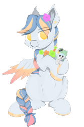 Size: 1000x1500 | Tagged: safe, artist:rhythmpixel, oc, oc only, oc:river chime, oc:seashore swirl, species:pegasus, species:pony, 2019 community collab, derpibooru community collaboration, bell, belly button, braid, braided tail, colored hooves, colored wings, ear fluff, female, flower, flower in hair, hairband, lei, lineless, mare, plushie, simple background, sitting, solo, transparent background