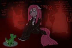 Size: 1800x1200 | Tagged: safe, artist:regularmouseboy, character:gummy, character:pinkamena diane pie, character:pinkie pie, species:anthro, species:plantigrade anthro, episode:party of one, g4, my little pony: friendship is magic, clothing, crying, cutie mark, darkness, feet, hope, insanity, madame leflour, mr. turnip, rocky, shoes, sir lintsalot, toes, torn clothes