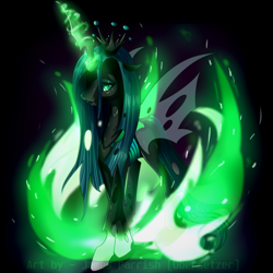 Size: 2000x2000 | Tagged: safe, artist:quefortia, character:queen chrysalis, species:changeling, changeling queen, female, fire, glowing horn, green fire, lightly watermarked, magic, solo, watermark