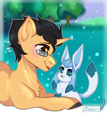 Size: 1024x1178 | Tagged: safe, artist:zakkurro, oc, oc only, species:pony, species:unicorn, chest fluff, commission, crossover, digital art, ear fluff, eevee, glaceon, glasses, grass, happy, looking at each other, male, pokémon, prone, signature, smiling, solo, stallion, tree, ych result