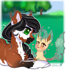 Size: 1024x1178 | Tagged: safe, artist:zakkurro, oc, oc only, species:earth pony, species:pony, chest fluff, commission, crossover, digital art, ear fluff, eevee, female, grass, green eyes, happy, leafeon, looking at each other, mare, pokémon, prone, signature, smiling, solo, tree, ych result