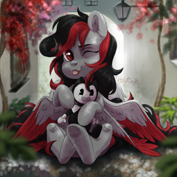 Size: 3000x3000 | Tagged: safe, artist:hollybright, oc, oc only, oc:emma, species:pegasus, species:pony, bendy, bendy and the ink machine, cute, female, long hair, long mane, long tail, mare, one eye closed, plushie, red and black oc, red eyes, shading, sitting, solo, tongue out, toy, wings, wings down, wink