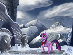 Size: 2400x1800 | Tagged: safe, artist:sigilponies, character:twilight sparkle, character:twilight sparkle (alicorn), species:alicorn, species:pony, castle, clothing, female, folded wings, looking at something, mare, mountain, outdoors, profile, raised hoof, scarf, snow, solo, standing, wings