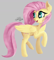Size: 1024x1145 | Tagged: safe, artist:sigilponies, character:fluttershy, species:pegasus, species:pony, female, folded wings, gray background, head turn, looking away, looking back, mare, open mouth, raised hoof, raised leg, simple background, smiling, solo, standing, stray strand, wings