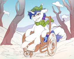 Size: 2020x1620 | Tagged: safe, artist:dodo, oc, oc only, species:pony, species:unicorn, clothing, commission, digital art, female, frown, hat, mare, scarf, signature, snow, solo, tree, wheelchair, winter, ych result