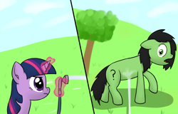 Size: 4000x2557 | Tagged: safe, artist:craftycirclepony, character:twilight sparkle, character:twilight sparkle (alicorn), oc, oc:filly anon, species:alicorn, species:pony, bust, duo, ear fluff, female, filly, floppy ears, frown, garden hose, grass, holding, hose, magic, meme, open mouth, outdoors, raised leg, shrunken pupils, surprised, tree, water, wet