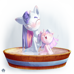 Size: 1920x1920 | Tagged: safe, artist:halem1991, character:rarity, character:sweetie belle, species:pony, species:unicorn, bathing, cute, eyes closed, female, filly, hot water, mare, sisters, smiling, splash, steam, water, wet, wet mane
