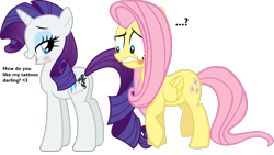 Size: 1600x900 | Tagged: safe, artist:rozyfly10, character:fluttershy, character:rarity, species:pegasus, species:pony, species:unicorn, ship:rarishy, bedroom eyes, blushing, butt, confused, female, flank, lesbian, looking at her butt, mare, plot, question mark, rearity, shipping, simple background, tattoo, text, vector, white background