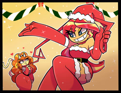 Size: 4200x3250 | Tagged: safe, artist:nelljoestar, character:adagio dazzle, character:sunset shimmer, ship:sunsagio, my little pony:equestria girls, breasts, christmas, cleavage, clothing, costume, female, hat, holiday, lesbian, santa costume, santa hat, shipping, smiling