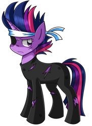 Size: 858x1179 | Tagged: safe, artist:kurus22, character:twilight sparkle, character:twilight sparkle (unicorn), species:pony, species:unicorn, episode:it's about time, g4, my little pony: friendship is magic, alternate hairstyle, bandana, catsuit, clothing, dirty, eyepatch, female, frown, future twilight, glare, headband, looking at you, mare, messy mane, short hair, simple background, solo, torn clothes, transparent background