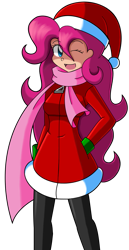 Size: 699x1350 | Tagged: safe, artist:kurus22, character:pinkie pie, species:human, christmas, clothing, costume, female, hat, holiday, human coloration, humanized, light skin, one eye closed, santa costume, santa hat, scarf, simple background, solo, transparent background, wink