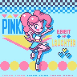 Size: 768x768 | Tagged: safe, artist:theratedrshimmer, character:pinkie pie, eqg summertime shorts, my little pony:equestria girls, abstract background, clothing, cute, diapinkes, dress, female, one eye closed, open mouth, pixel art, retro, server pinkie pie, solo, waitress