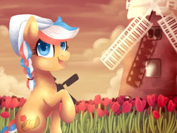 Size: 1024x768 | Tagged: safe, artist:mapony240, oc, oc only, oc:ember, species:earth pony, species:pony, clothing, dutch cap, female, flower, hat, hearth's warming con, mare, mascot, netherlands, raised hoof, solo, tulip, windmill