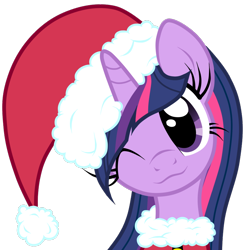 Size: 894x894 | Tagged: safe, artist:oathkeeper21, character:twilight sparkle, species:pony, christmas, clothing, costume, cute, female, hat, head tilt, holiday, looking at you, mare, one eye closed, santa costume, santa hat, simple background, solo, transparent background, twiabetes, wink