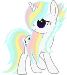 Size: 7013x7845 | Tagged: safe, artist:cakonde, oc, oc only, oc:dimy, species:pony, species:unicorn, 2019 community collab, derpibooru community collaboration, absurd resolution, braid, female, mare, rainbow hair, raised hoof, shy, simple background, solo, standing, transparent background
