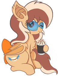 Size: 1859x2373 | Tagged: safe, artist:theratedrshimmer, oc, oc:delicatezza, species:bat pony, species:pony, 2019 community collab, derpibooru community collaboration, bat pony oc, blushing, bow, chest fluff, cute, female, hoof hold, iced coffee, ocbetes, one eye closed, simple background, solo, sunglasses, tail bow, transparent background, wink