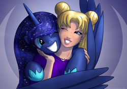 Size: 1600x1131 | Tagged: safe, artist:foxi-5, character:princess luna, species:human, species:pony, bust, cheek squish, crossover, cute, four-limbed hug, glomp, grin, hug, lunabetes, one eye closed, portrait, sailor moon, serena tsukino, smiling, squee, squishy cheeks, tsukino usagi, weapons-grade cute, winghug, wink