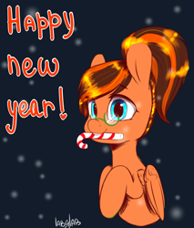 Size: 2048x2400 | Tagged: safe, artist:labglab, rcf community, oc, oc only, oc:pumpkin swirl, species:pegasus, species:pony, blue eyes, candy, candy cane, cute, female, food, glasses, mare, new year, ocbetes, solo