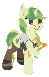 Size: 808x1280 | Tagged: safe, artist:rhythmpixel, oc, oc only, oc:rhythm fruit, species:pony, species:unicorn, bard, boots, clothing, coat, cutie mark, fantasy class, female, leggings, lineless, lyre, mare, shoes, simple background, solo, spectacles, transparent background