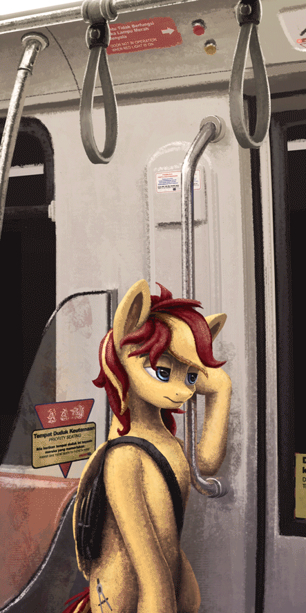 Size: 443x886 | Tagged: safe, artist:syntaxartz, oc, oc only, oc:archi sketch, species:pegasus, species:pony, absurd file size, animated, bag, bipedal, cinemagraph, gif, malaysia, male, solo, train