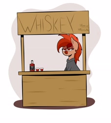 Size: 2825x3105 | Tagged: safe, artist:waffletheheadmare, oc, oc only, oc:whiskey river, alcohol, booth, bottle, clothing, glasses, half-closed eyes, multicolored hair, simple background, smiling, sweater, whiskey