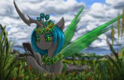 Size: 2862x1858 | Tagged: safe, artist:vladimir-olegovych, character:queen chrysalis, character:shining armor, species:changeling, cellphone, changeling queen, cloud, cute, cute little fangs, cutealis, fangs, female, floral head wreath, flower, flower in hair, grass, phone, prone, slit eyes, smiling, solo