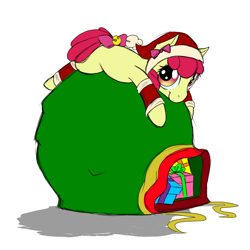 Size: 1000x1000 | Tagged: safe, artist:nessia, character:apple bloom, clothing, female, hat, leg warmers, present, sack, santa hat, santa sack, solo
