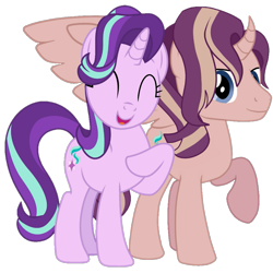 Size: 983x983 | Tagged: safe, artist:sinkbon, artist:syforcewindlight, derpibooru original, character:starlight glimmer, oc, oc:shimmering spectacle, species:alicorn, species:pony, .svg available, absurd resolution, alicorn oc, canon x oc, curved horn, cute, horn, incest, magical lesbian spawn, magical threesome spawn, male, offspring, raised hoof, simple background, stallion, transparent background, vector