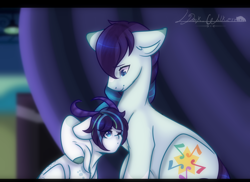 Size: 2200x1600 | Tagged: safe, artist:sora-choi, character:coloratura, oc, oc:opal, species:dracony, species:pony, female, hybrid, male, mother and son, offspring, rara