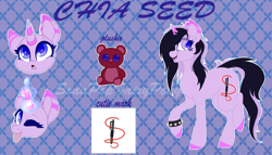 Size: 3239x1851 | Tagged: safe, artist:sodapopfairypony, oc, oc:chia seed, species:pony, species:unicorn, female, magic, mare, reference sheet, solo, spiked wristband, tongue out, wristband