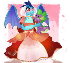 Size: 1024x915 | Tagged: safe, artist:zakkurro, character:princess ember, species:dragon, abstract background, blushing, clothing, commission, dragoness, dress, female, heart, heart eyes, implied emberspike, implied shipping, implied straight, open mouth, signature, solo, spike plushie, wingding eyes