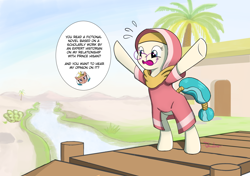 Size: 1032x728 | Tagged: safe, artist:tehwatever, character:desert flower, character:somnambula, species:earth pony, species:pony, g4, female, glasses, hijab, implied shipping, mare, robe, solo, somnambula resident, tail wrap