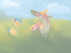 Size: 1040x780 | Tagged: safe, artist:bananasmores, character:bubbles (g1), character:posey, g1, basket, clothing, duo, flower, flower in hair, hat, outdoors, saddle bag