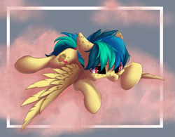 Size: 1763x1378 | Tagged: safe, artist:rokufuro, oc, oc only, oc:apogee, species:pegasus, species:pony, cloud, ear freckles, female, filly, freckles, lying down, lying on a cloud, on a cloud, pink cloud, prone, smiling, solo, spread wings, wings