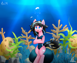 Size: 3400x2800 | Tagged: safe, artist:zachc, oc, oc only, species:pony, inktober, air bubble, clothing, coral, female, one-piece swimsuit, solo, swimsuit, underwater