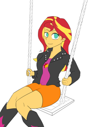 Size: 2300x3200 | Tagged: safe, artist:zachc, character:sunset shimmer, species:human, my little pony:equestria girls, clothing, female, looking at you, simple background, solo, swing, wip