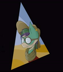 Size: 5000x5688 | Tagged: safe, artist:waffletheheadmare, oc, oc only, species:pony, absurd resolution, bandage, bust, clothing, desert, ear piercing, earring, glasses, hat, head only, hidden eyes, hidden face, jewelry, male, mask, multicolored hair, piercing, sand, scarf, simple background, sky, solo, stallion