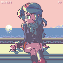 Size: 1024x1024 | Tagged: dead source, safe, artist:theratedrshimmer, character:sunset shimmer, species:human, my little pony:equestria girls, beach, beautiful, boots, clothing, coffee, crossed legs, cute, female, food, jacket, miniskirt, muffin, pixel art, scarf, shoes, skirt, sky, solo, sunset, water