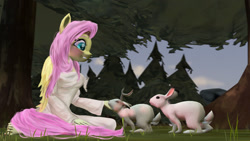 Size: 1280x720 | Tagged: safe, artist:zsnowfilez, character:fluttershy, species:anthro, species:rabbit, 3d, female, forest, jackalope, kindness, solo, tree