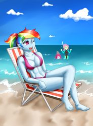 Size: 2800x3800 | Tagged: safe, artist:zachc, character:fluttershy, character:pinkie pie, character:rainbow dash, my little pony:equestria girls, abs, barefoot, beach, beach chair, belly button, bikini, bikini babe, clothing, exclamation point, feet, midriff, shark fin, swimsuit