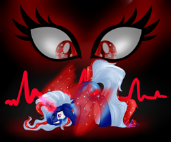 Size: 1024x849 | Tagged: safe, artist:daringashia, character:trixie, oc, oc:burning passion, oc:nightmarish illusion, species:alicorn, species:pony, species:unicorn, alicornified, black background, corrupted, crying, ethereal wings, eye, eyes, face down ass up, floppy ears, glowing horn, gritted teeth, head in hooves, nightmare trixie, nightmarified, one eye closed, race swap, simple background, slit pupils, striped mane, trixiecorn, unwilling