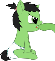 Size: 2252x2525 | Tagged: safe, artist:cleverround, oc, oc only, oc:filly anon, species:pony, species:unicorn, angry, baby, baby pony, biting, clothing, cute, diaper, female, filly, hair tie, hoof biting, offscreen character, raised leg, scrunchy face, simple background, sitting, transparent background