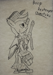 Size: 1398x1982 | Tagged: safe, artist:aeropegasus, oc, oc:chopsticks, species:pegasus, species:pony, angry, armor, battle suit, bipedal, cap, cheek fluff, clothing, ear fluff, fur, gun, hat, male, power armor, power suit, puffy cheeks, simple background, stallion, text, traditional art, weapon, white background